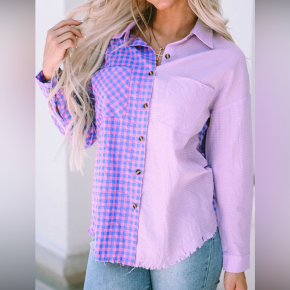 Lightweight Purple & Pink Checkered Plaid Button Down Top, Frayed Hem - Picture 6 of 15